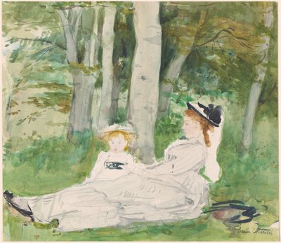 Aan de rand van het bos (Edma en Jeanne) door Berthe Morisot